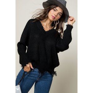Main Strip Frayed Zig Zag Sweater, Black